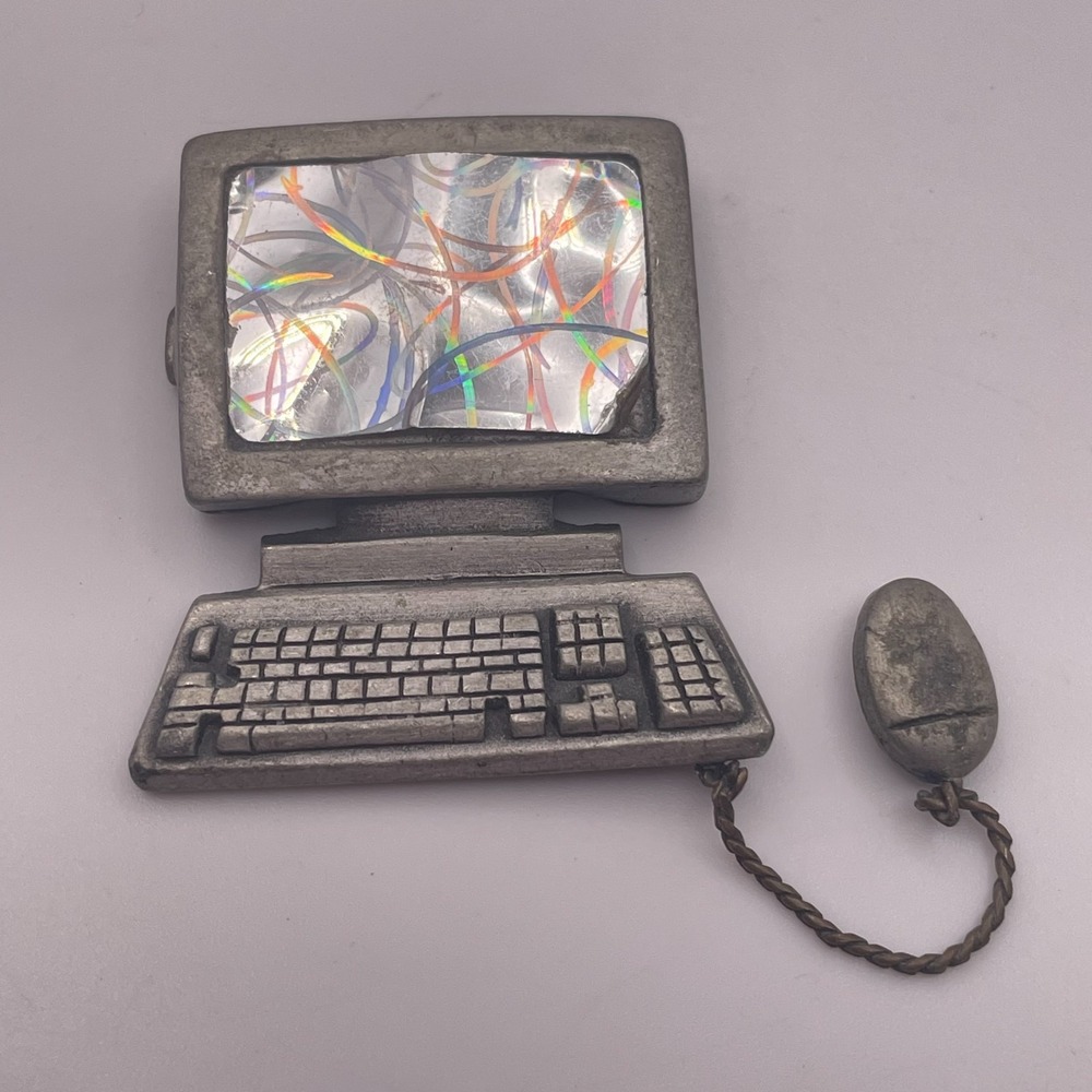 Vintage JJ Jonette Pewter Desktop Computer Brooch Pin Holographic Screen Y2K